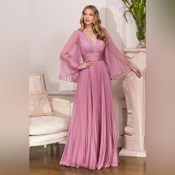 Pleated Chiffon Long Sleeve Gown main image 1
